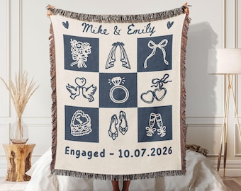 Personalized Engagement Blanket: Woven Cotton Throw, Custom Names & Date