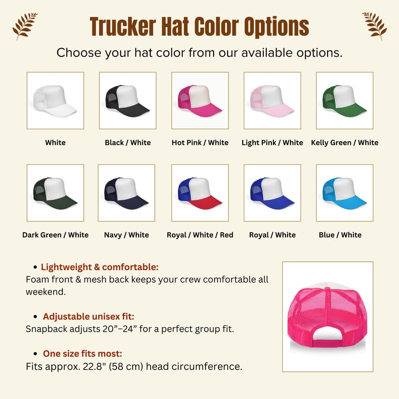 a collection of trucker hat colors and styles, including white, black, pink, green, navy, royal, blue, and light pink, as well as a pink adjustable unisex fit and a one-size-fits-most option.