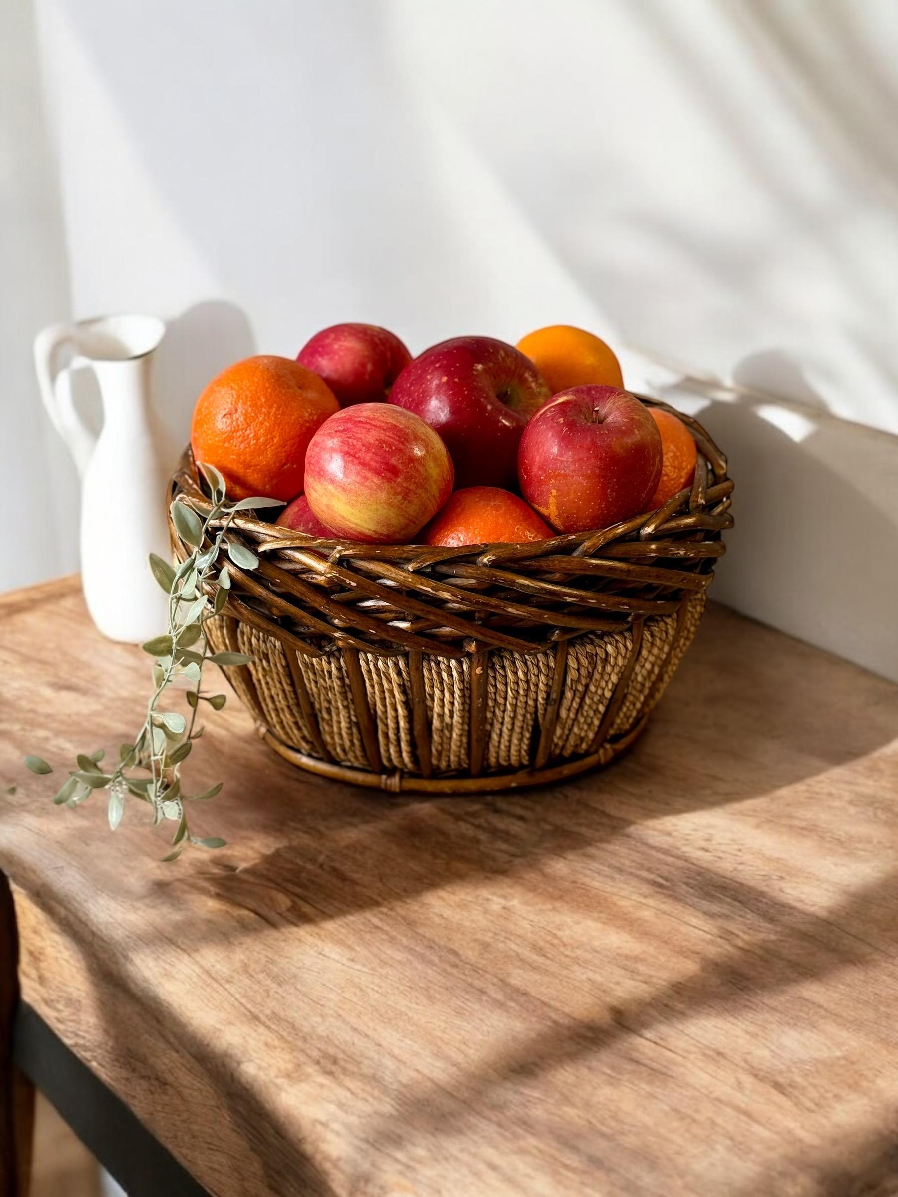 Vintage Oval Bamboo & Rope Woven Basket – Handcrafted Boho Farmhouse Decor, Small Catchall or Table Centerpiece