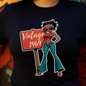Camiseta unisex vintage de 1969, camiseta gráfica negra de Betty Boop, camiseta de estilo retro, camiseta clásica con personaje de dibujos animados, ropa inspirada en los años 60