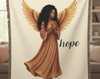 Manta tejida Ángel Negro Orando / Manta Ángel de la Fe, Decoración Religiosa para el Hogar