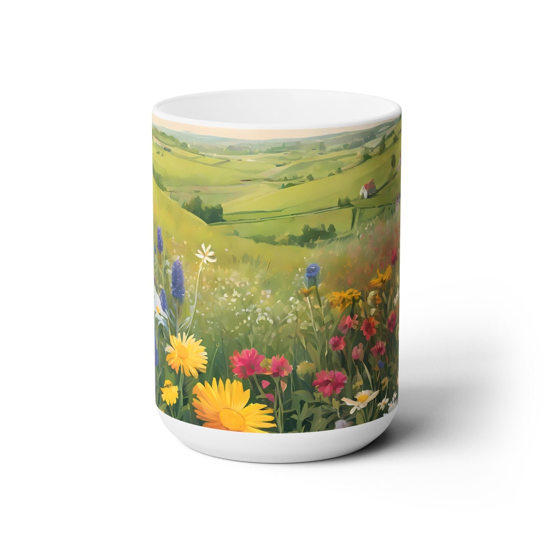 15 Oz. Ceramic Mug, Large Mug, Landscape Scene, Floral Scene ...