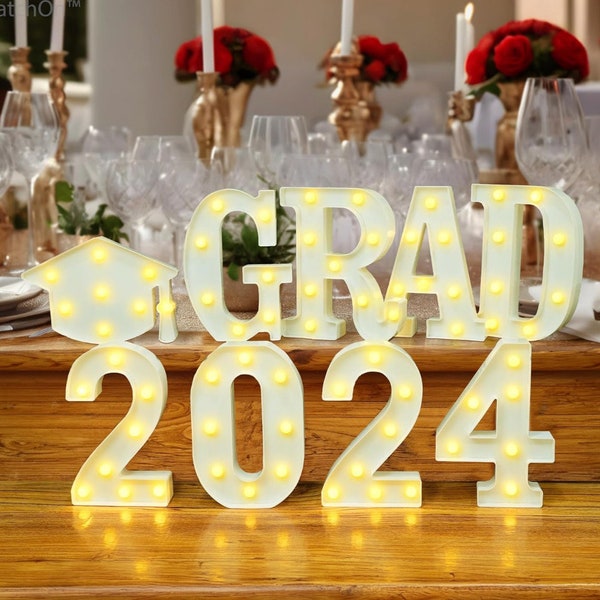 Graduation Party Decorations 2024-8 LED Long Marquee Light Up Letters 'Grad 2024' and 1 'Doctorial hat' - Graduation Party Decor