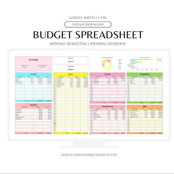 Simple Monthly Budget Spreadsheet Template for Google Sheets, Paycheck Budget Template, Digital Budget Planner, Personal Financial Tracker