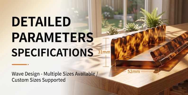 Pode incluir: Uma prateleira com padr&atilde;o de tartaruga e borda ondulada. O texto diz DETAILED PARAMETERS SPECIFICATIONS, Wave Design - Multiple Sizes Available / Custom Sizes Supported. As dimens&otilde;es s&atilde;o 31mm de altura, 52mm de largura e 20mm de profundidade.