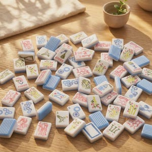 May include: A collection of rectangular mahjong tiles scattered on a wooden surface. The tiles are white with various colorful illustrations, including floral patterns, numbers, and the word Joker. Some tiles feature blue striped backs or sides.