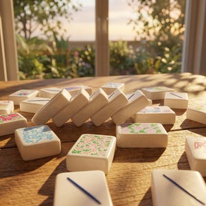 May include: A collection of rectangular white mahjong tiles scattered on a wooden surface. Several tiles are standing upright in a row, while others lie flat, displaying various colorful floral patterns and single blue diagonal lines.