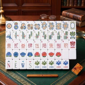May include: A set of white mahjong tiles arranged in a grid, featuring colorful illustrations of concentric circles, bamboo stalks, Chinese characters, lotus flowers, and the letters N, E, W, S, along with Joker tiles and a single wooden tile rack.