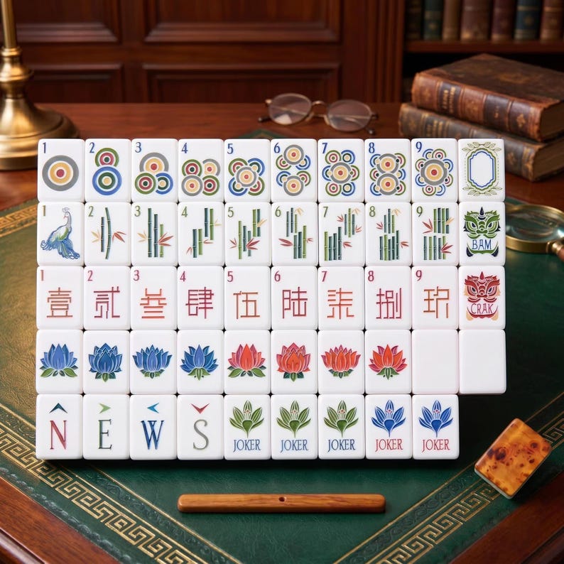 May include: A set of white mahjong tiles arranged in a grid, featuring colorful illustrations of concentric circles, bamboo stalks, Chinese characters, lotus flowers, and the letters N, E, W, S, along with Joker tiles and a single wooden tile rack.