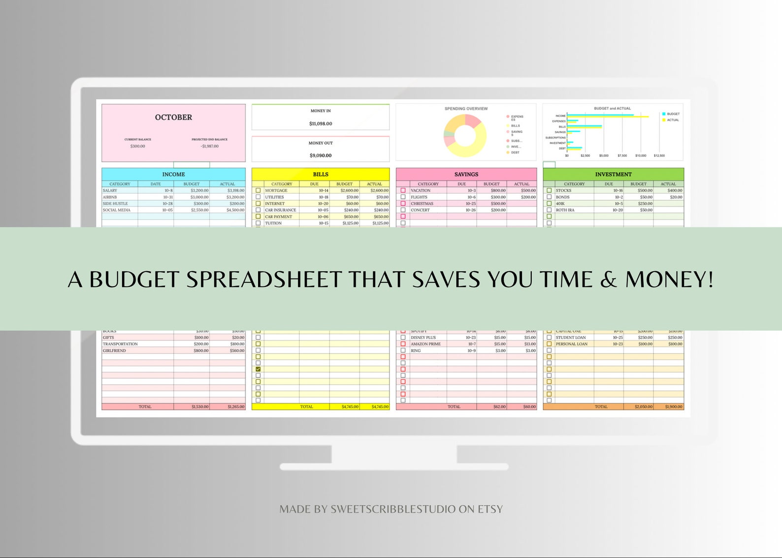 Monthly Budget Spreadsheet Template Financial Planner Expense Tracker