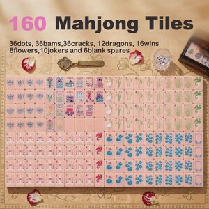 K&ouml;nnte beinhalten: Ein Set aus 160 hellrosa Mahjong-Spielsteinen mit verschiedenen Illustrationen wie Punkten, Bambus, Schriftzeichen, Drachen, Winden, Blumen und Jokern. Das Set enth&auml;lt Textbeschriftungen f&uuml;r die Anzahl und einen kleinen Glasbeh&auml;lter mit zwei W&uuml;rfeln.