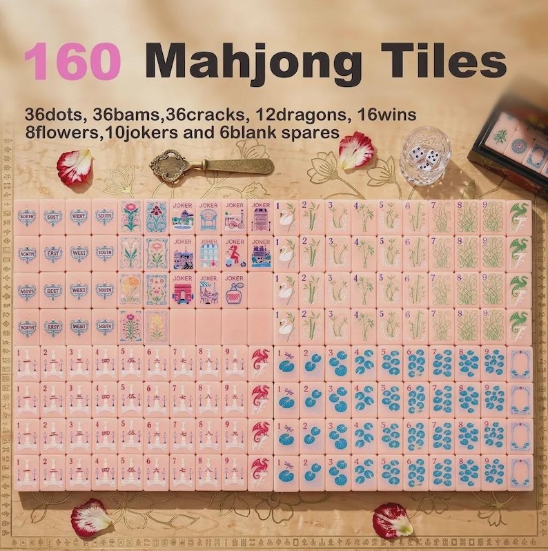 K&ouml;nnte beinhalten: Ein Set aus 160 hellrosa Mahjong-Spielsteinen mit verschiedenen Illustrationen wie Punkten, Bambus, Schriftzeichen, Drachen, Winden, Blumen und Jokern. Das Set enth&auml;lt Textbeschriftungen f&uuml;r die Anzahl und einen kleinen Glasbeh&auml;lter mit zwei W&uuml;rfeln.