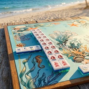 May include: A Mahjong set with white tiles featuring red sailboat and character illustrations, arranged on a light blue mat decorated with coral, seashells, and a seahorse. The tiles spell out the word NEWS in a horizontal row on the mat.