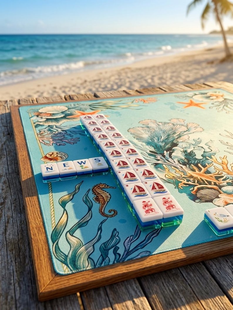 May include: A Mahjong set with white tiles featuring red sailboat and character illustrations, arranged on a light blue mat decorated with coral, seashells, and a seahorse. The tiles spell out the word NEWS in a horizontal row on the mat.