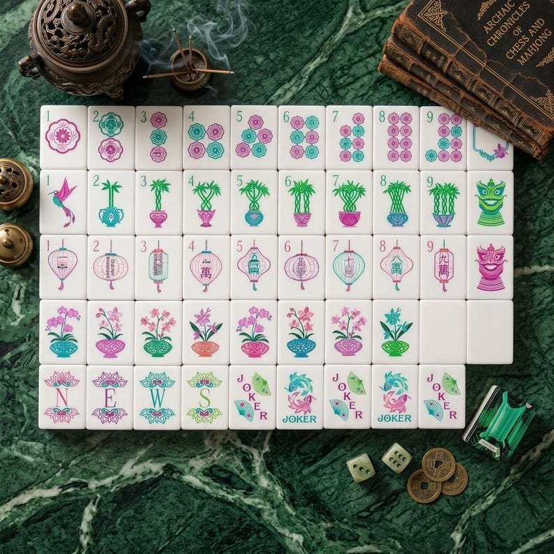 May include: A set of white Mahjong tiles featuring colorful illustrations of flowers, bamboo, lanterns, and dragons. The tiles include numbered suits, directional markers labeled N, E, W, S, and Joker tiles with fan graphics, arranged in a grid pattern.