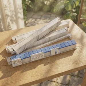 May include: A set of white marble-patterned mahjong tile racks with blue-backed tiles. One rack displays tiles with the letters N, E, W and the number 10, along with floral illustrations. The racks are stacked on a wooden surface.