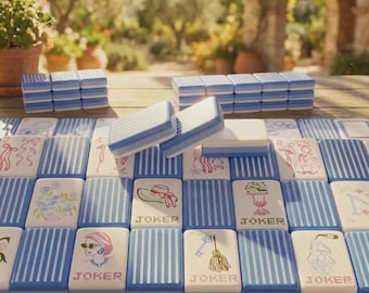 Blue and White Stripe Patterned American Mahjong Tile Set | Acrylic Mahjong Tiles