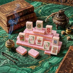 Puede incluir: Un conjunto de fichas de Mahjong rectangulares con un acabado de m&aacute;rmol rosa, que presentan varias ilustraciones coloridas que incluyen un drag&oacute;n rojo, una flor y una carta de comod&iacute;n. Las fichas est&aacute;n dispuestas en niveles sobre una superficie verde.