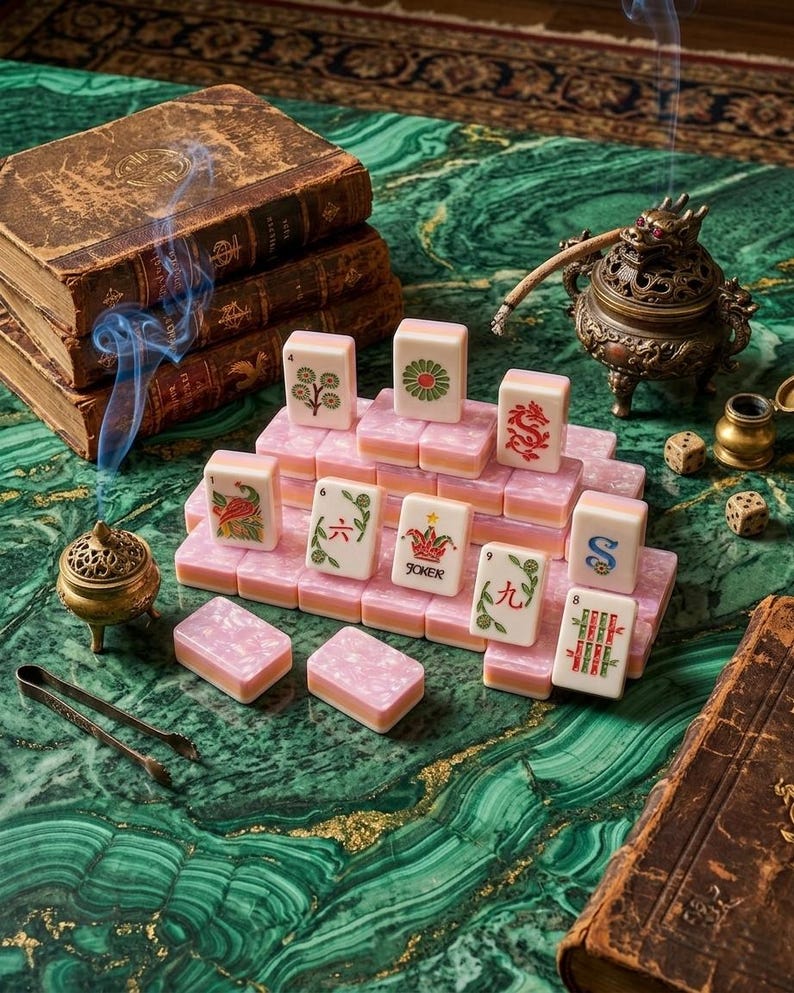 Puede incluir: Un conjunto de fichas de Mahjong rectangulares con un acabado de m&aacute;rmol rosa, que presentan varias ilustraciones coloridas que incluyen un drag&oacute;n rojo, una flor y una carta de comod&iacute;n. Las fichas est&aacute;n dispuestas en niveles sobre una superficie verde.