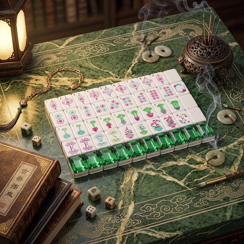May include: A set of white Mahjong tiles featuring colorful floral and character designs, with a row of translucent emerald green tiles at the bottom. The tiles are arranged on a green marble surface alongside small dice and a gold chain.
