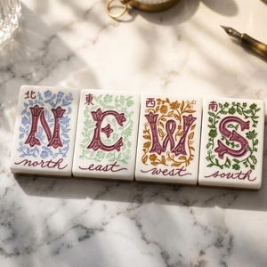 May include: Four rectangular white tiles arranged in a row, each featuring a large letter N, E, W, or S in maroon. The tiles display floral patterns in blue, green, orange, and green, with corresponding Chinese characters and English words below.