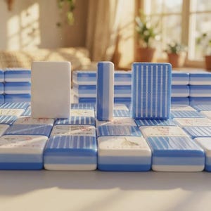 May include: A set of rectangular mahjong tiles featuring a blue and white color scheme. Some tiles are solid white, others have blue vertical stripes, and several display graphic illustrations of various objects including the word Joker.