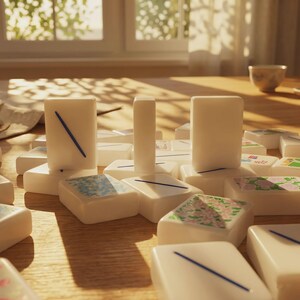 May include: A collection of white rectangular mahjong tiles scattered on a surface. Some tiles feature a single diagonal blue line, while others display intricate floral patterns in pink, green, and blue. One tile stands vertically among the others.