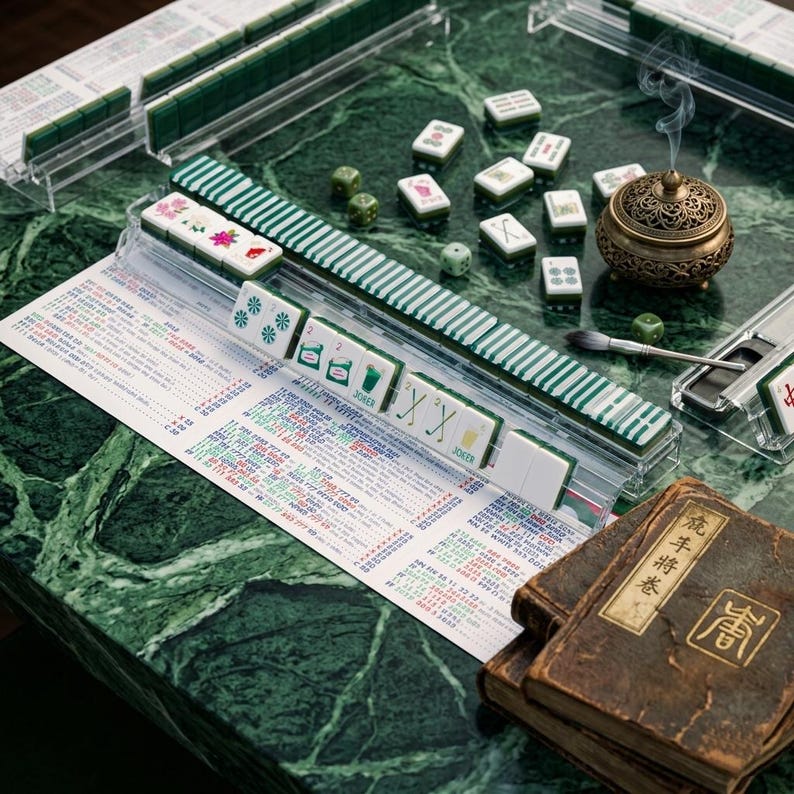 May include: A Mahjong set featuring white tiles with green backs, arranged in clear acrylic racks on a green marble surface. Includes a printed score sheet, two small green dice, a metal incense burner with smoke, and a weathered brown book.
