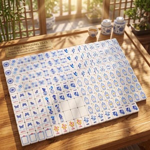 Op de afbeelding: Een 160-delige Mahjong-tegelset met witte tegels voorzien van blauwe en gekleurde inktillustraties van stippen, bamboe, karakters, draken, winden, bloemen en jokers. Een goudkleurig plaatje toont de tekst 160 Piece MAHJONG TILES en de aantallen.