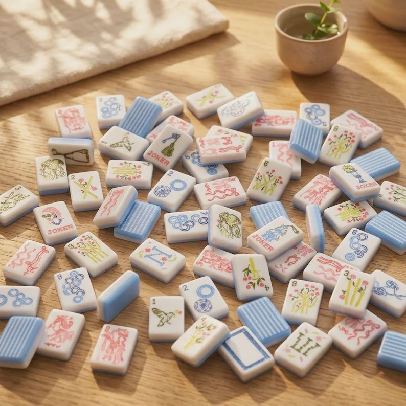 May include: A collection of rectangular mahjong tiles scattered on a wooden surface. The tiles are white with various colorful illustrations, including floral patterns, numbers, and the word Joker. Some tiles feature blue striped backs or sides.