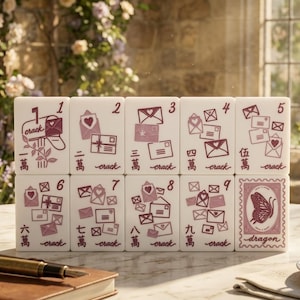 K&ouml;nnte beinhalten: Ein Set aus zehn wei&szlig;en, rechteckigen Mahjong-Spielsteinen, angeordnet in zwei Reihen. Jeder Stein zeigt kastanienbraune Illustrationen von Umschl&auml;gen, Herzen und einem Schmetterling sowie die Zahlen 1 bis 9, das Wort crack und chinesische Schriftzeichen.