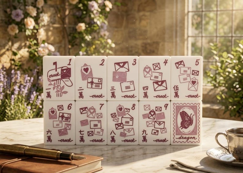 K&ouml;nnte beinhalten: Ein Set aus zehn wei&szlig;en, rechteckigen Mahjong-Spielsteinen, angeordnet in zwei Reihen. Jeder Stein zeigt kastanienbraune Illustrationen von Umschl&auml;gen, Herzen und einem Schmetterling sowie die Zahlen 1 bis 9, das Wort crack und chinesische Schriftzeichen.