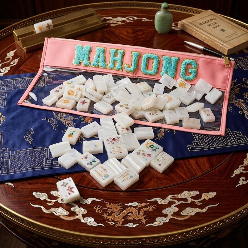 K&ouml;nnte beinhalten: Eine rosa Rei&szlig;verschlusstasche mit dem Wort MAHJONG in t&uuml;rkisfarbenen, strukturierten Buchstaben, die eine Sammlung wei&szlig;er rechteckiger Spielsteine mit verschiedenen bunten Symbolen enth&auml;lt. Die Steine liegen verstreut in der Tasche und au&szlig;en.