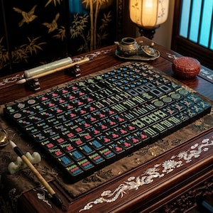 May include: A set of black mahjong tiles arranged in a grid on a dark wooden table. The tiles feature colorful engraved symbols in red, blue, and green. Two calligraphy brushes with light-colored handles rest on small stands near the tiles.