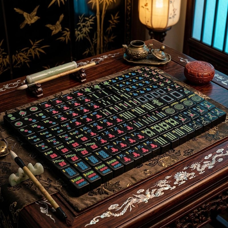 May include: A set of black mahjong tiles arranged in a grid on a dark wooden table. The tiles feature colorful engraved symbols in red, blue, and green. Two calligraphy brushes with light-colored handles rest on small stands near the tiles.