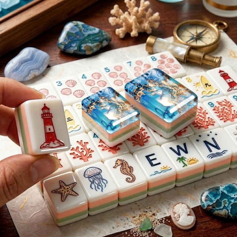 May include: A set of rectangular mahjong tiles featuring nautical and ocean-themed illustrations including a red and white lighthouse, a starfish, a jellyfish, a seahorse, coral, and the letters E, W, and N. Some tiles have blue resin tops.