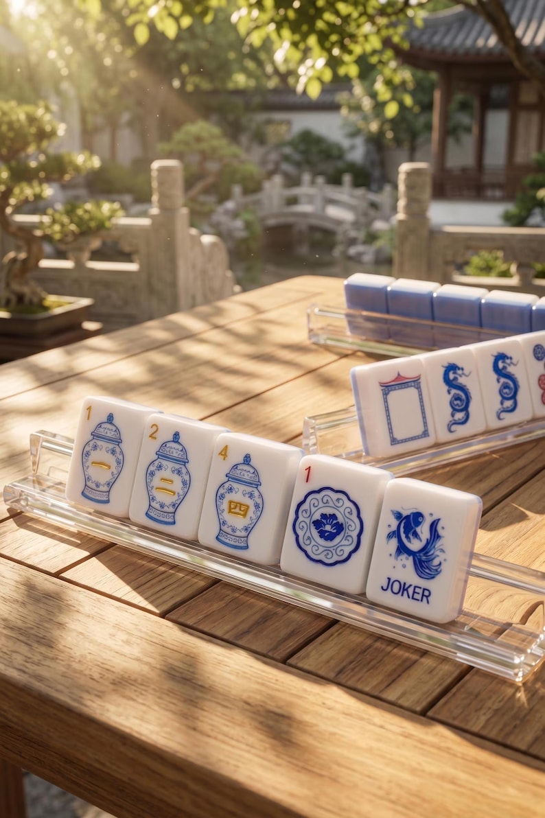 Op de afbeelding: Een set witte mahjongtegels met blauwe inktillustraties van vazen, draken, bloemen en een vis, gerangschikt op doorzichtige acrylhouders. De tegels zijn voorzien van cijfers en de tekst JOKER, met gedetailleerde blauwe patronen op een glad oppervlak.