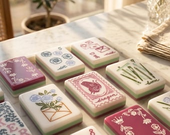 Fichas de Mahjong ilustradas con flores y caligrafía / Fichas acrílicas de Mahjong americano