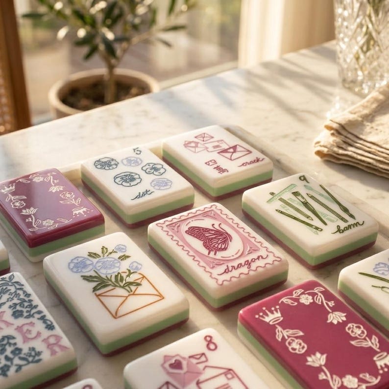 K&ouml;nnte beinhalten: Eine Sammlung rechteckiger Mahjong-Spielsteine mit verschiedenen gravierten Motiven wie Blumen, Umschl&auml;gen, Schmetterlingen und Schreibger&auml;ten. Jeder Spielstein hat eine wei&szlig;e Oberfl&auml;che mit farbigen Illustrationen und eine gr&uuml;ne Basisschicht.