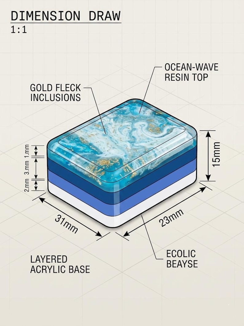 May include: A rectangular object with an ocean-wave resin top containing gold fleck inclusions and a layered acrylic base. The diagram includes text labels: DIMENSION DRAW 1:1, OCEAN-WAVE RESIN TOP, GOLD FLECK INCLUSIONS, ECOLIC BEAYSE, and LAYERED ACRYLIC BASE, with measurements of 15mm, 31mm, 23mm, 1mm, 3mm, and 2mm.