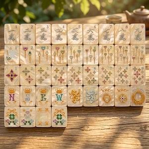K&ouml;nnte beinhalten: Ein Set rechteckiger Mahjong-Spielsteine mit Perlmutt-Finish, verziert mit eingravierten Zahlen von eins bis neun, komplexen Blumenmotiven, Kronen, L&ouml;wen und Joker-Symbolen. Jeder Spielstein zeigt detaillierte, farbenfrohe Illustrationen und Goldakzente.
