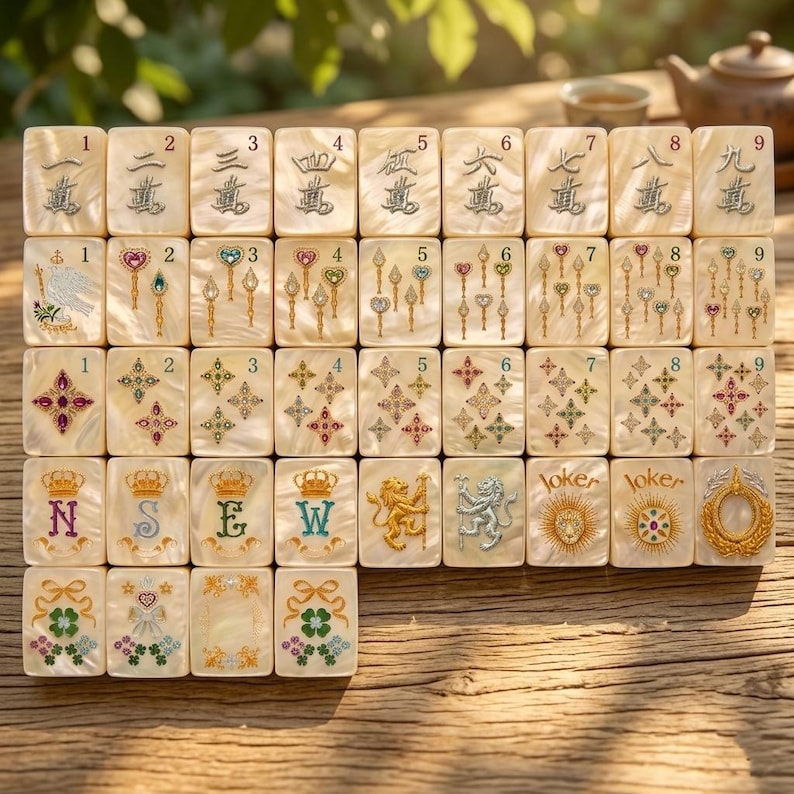 K&ouml;nnte beinhalten: Ein Set rechteckiger Mahjong-Spielsteine mit Perlmutt-Finish, verziert mit eingravierten Zahlen von eins bis neun, komplexen Blumenmotiven, Kronen, L&ouml;wen und Joker-Symbolen. Jeder Spielstein zeigt detaillierte, farbenfrohe Illustrationen und Goldakzente.