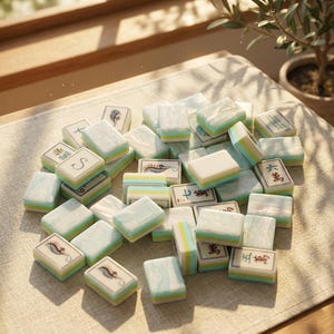 May include: A collection of light blue and white Mahjong tiles with yellow and green accents. Some tiles feature illustrations of seahorses, boats, and Chinese characters. The tiles are scattered on a beige surface.
