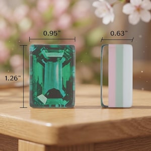 May include: A rectangular emerald green gemstone graphic measuring 0.95 inches by 1.26 inches next to a rectangular vertical striped charm in pink, light green, and white measuring 0.63 inches in width.