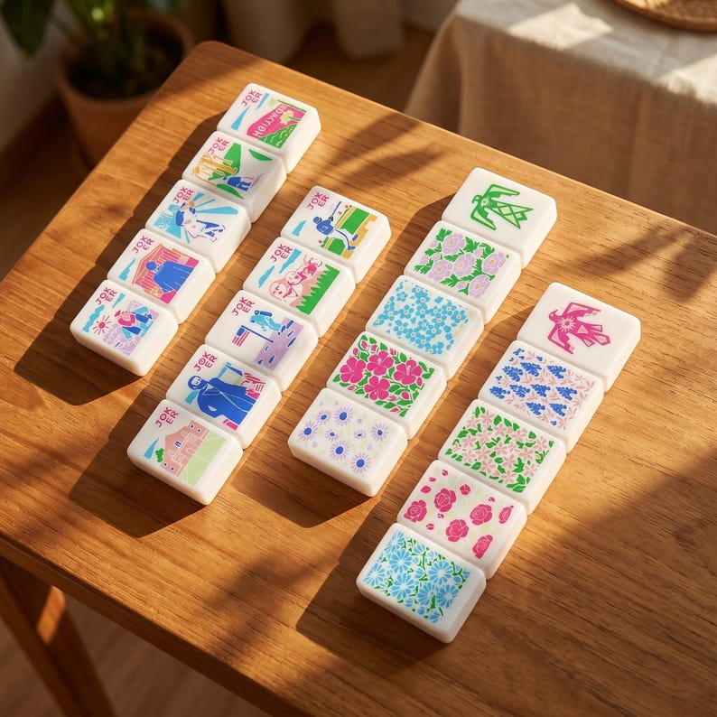 May include: A collection of twenty-one rectangular white tiles arranged in three columns on a wooden surface. The tiles feature colorful printed designs, including various floral patterns, geometric shapes, and illustrations labeled with the word Joker.