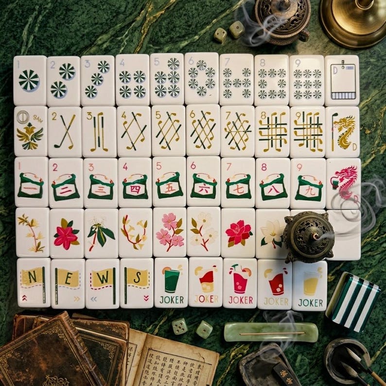 May include: A set of white mahjong tiles arranged in a grid, featuring various designs including numbers, golf clubs, dragons, flowers, the word NEWS, and JOKER labels. The tiles display colorful illustrations of plants, drinks, and symbols.
