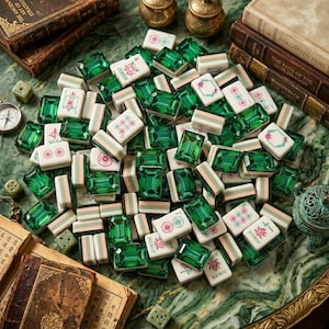 May include: A collection of mahjong tiles featuring white faces with pink and green floral or numerical designs, interspersed with translucent emerald green rectangular tiles, scattered across a green marble surface with vintage books.