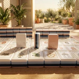 May include: A set of rectangular mahjong tiles featuring white, light blue, and pink color blocks. The tiles display various illustrations including a joker, a pagoda, and botanical motifs. Some tiles are standing upright while others lie flat.