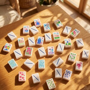 May include: A collection of rectangular white mahjong tiles scattered on a wooden surface. The tiles feature various colorful illustrations including floral patterns, figures, and landscapes, while others display a single blue diagonal line or the word JOKER.