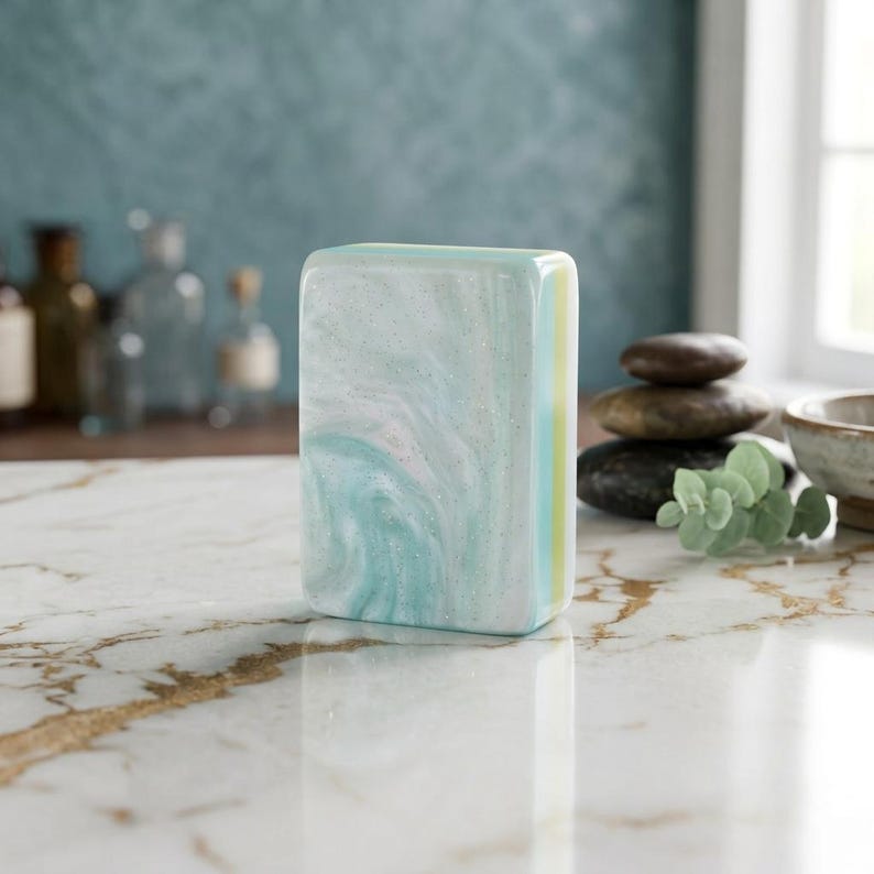 May include: A rectangular soap bar with a swirling pattern of blue, white, and pale pink. The soap has a glittery sheen and a rounded top. The background includes a marble countertop and blurred bottles.